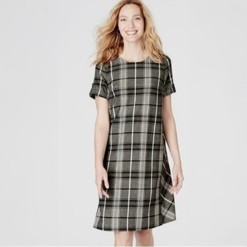 J.Jill Women's Black Plaid Short Sleeve Swing Linen Blend Dress Pockets Preppy S